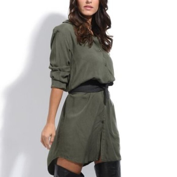 NWOT Dioxide Long Sleeve Olive Green Shirt Dress - Picture 1 of 12